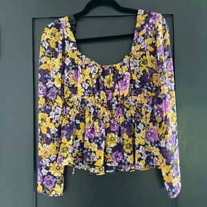 Cute ASTR The Label Long Sleeve Floral Mustard/Purple Long Sleeve Blouse sz S